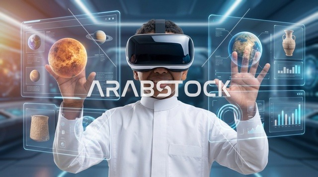 Saudi Boy Wearing VR Headset in Futuristic Classroom