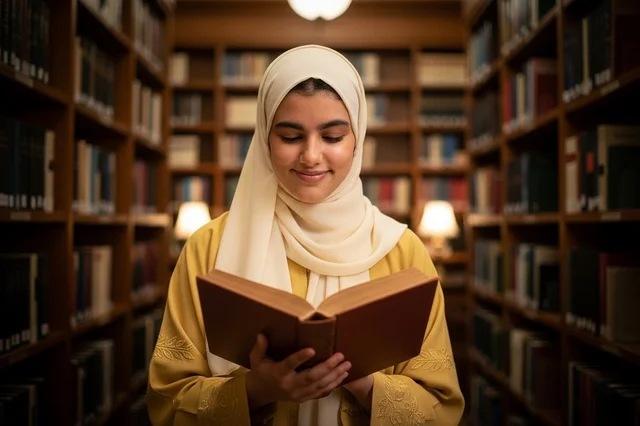 Saudi Arab Woman Reading Book in Library with Hijab