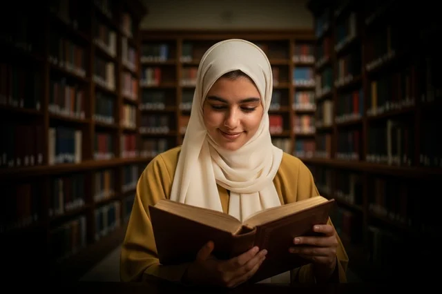 فتاة سعودية تقرأ كتاباً داخل مكتبة عامة بالحجاب