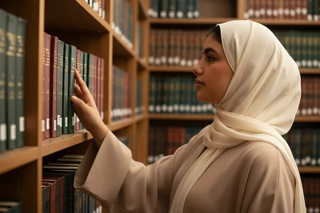 امرأة عربية ترتدي الحجاب تختار كتاباً من المكتبة