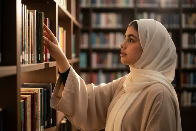 Emirati Woman in Hijab Choosing a Book in Library