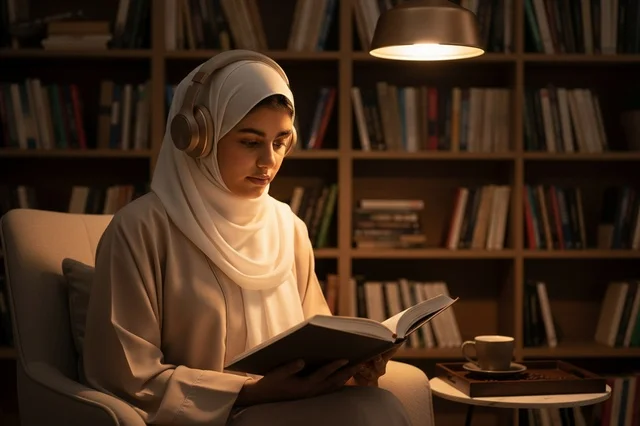 امرأة إماراتية ترتدي عباءة تقرأ كتاباً في المكتبة