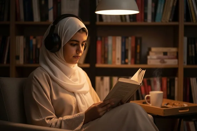 Saudi Woman in Hijab Reading Book in Cozy Library