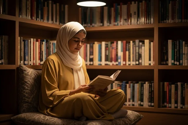 Arabian Hijabi Woman Reading Book in Warm Library