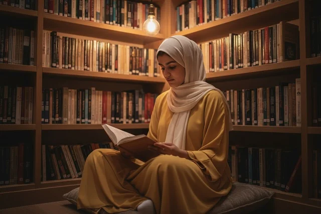 Saudi Arab Woman in Hijab Reading Book in Cozy Library