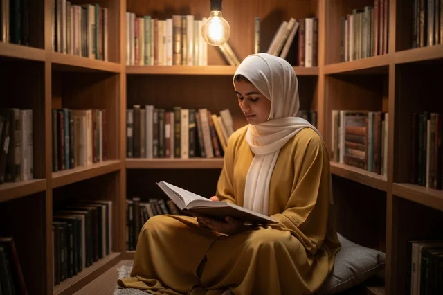 امرأة سعودية بالعباءة تقرأ كتاباً داخل مكتبة دافئة