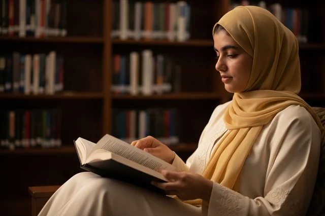Saudi Woman in Hijab Reading Book in Library Interior