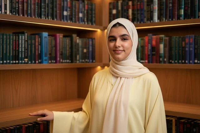 Emirati Woman wearing Hijab in a Library with Books