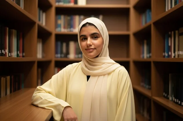 طالبة سعودية بالعباءة والحجاب داخل المكتبة