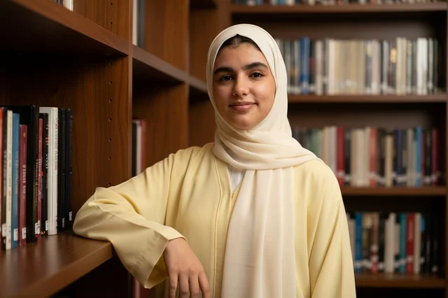 Saudi Female Student Wearing Hijab in University Library Saudi Female Student Wearing Hijab in University Library