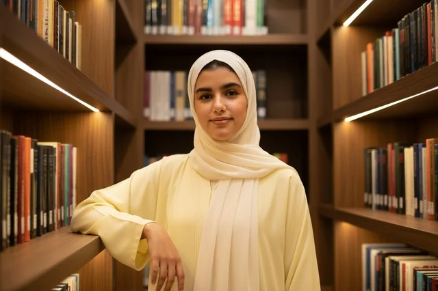 امرأة إماراتية ترتدي الحجاب في مكتبة عامة حديثة