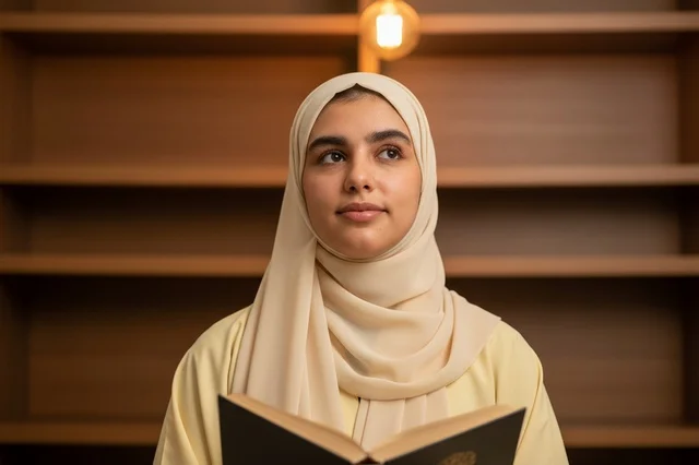 Saudi Woman in Hijab Reading Book in Library