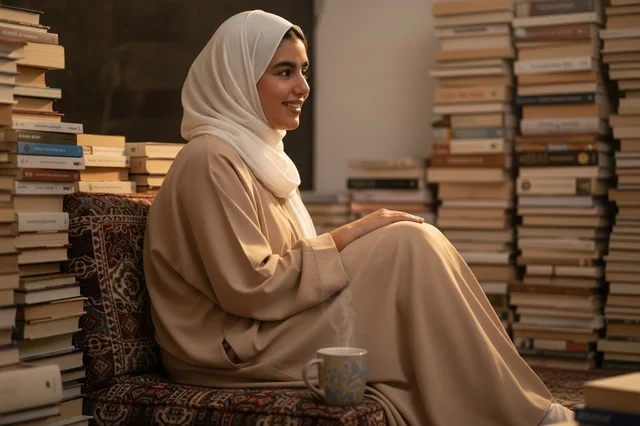 Saudi Woman in Hijab Sitting with Books in Library