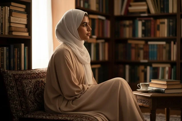 Thoughtful Arab Woman in Hijab Inside a Classic Library
