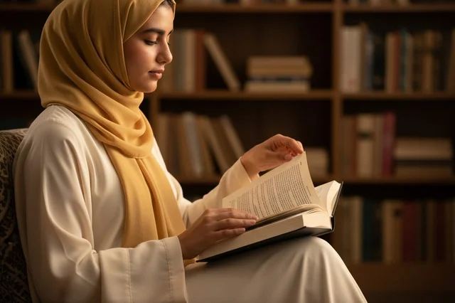 امرأة عربية ترتدي الحجاب تقرأ كتاباً في المكتبة