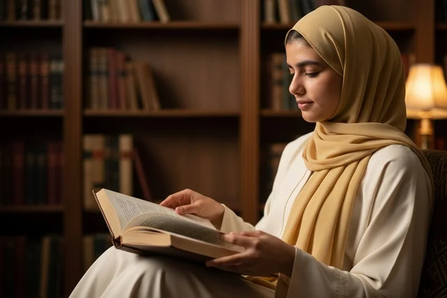 Arab Girl in Hijab Reading Book in Library