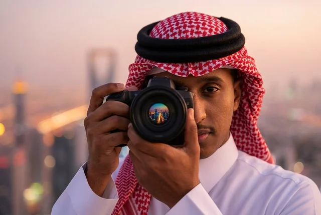 مصور سعودي يلتقط صورة لأفق مدينة الرياض وقت الغروب