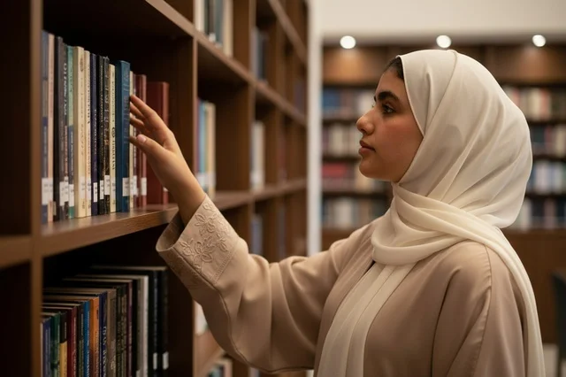 Arab Woman in Hijab Selecting Book from Library Bookshelf
