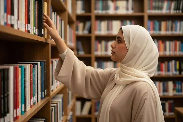 Saudi Woman in Hijab Selecting Book in Library Shelf