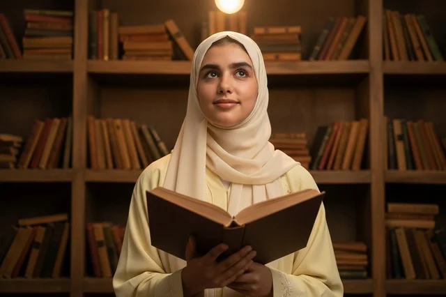 امرأة سعودية ترتدي الحجاب تقرأ كتاباً في المكتبة