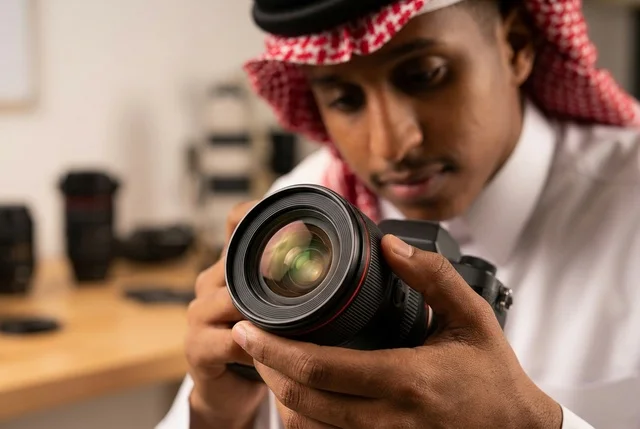Saudi Photographer Holding Camera Lens Close Up
