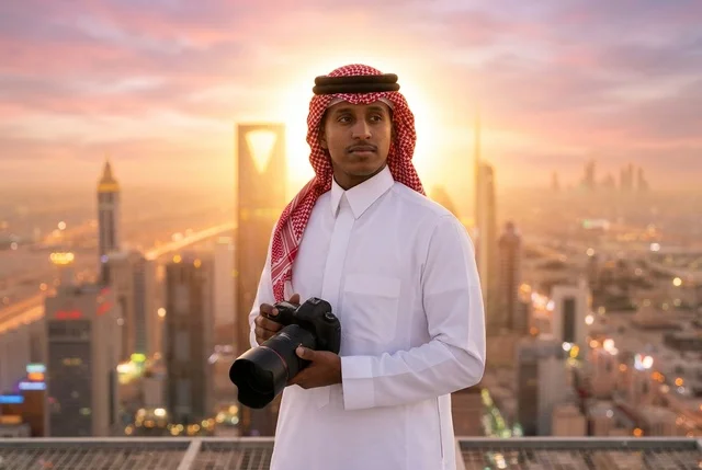 مصور سعودي يحمل كاميرا احترافية في الرياض عند الغروب