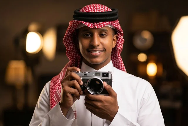Saudi Photographer holding Vintage Camera in Studio