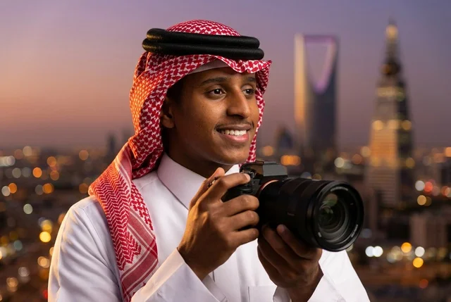 Saudi Photographer with Camera Riyadh Skyline Twilight
