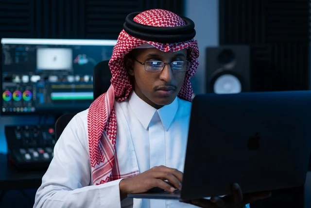 رجل سعودي بالزي التقليدي يعمل على كمبيوتر محمول