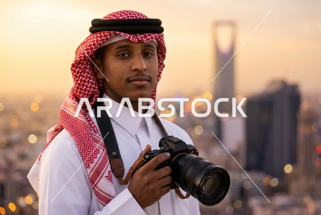 مصور سعودي يحمل كاميرا احترافية أمام أفق الرياض