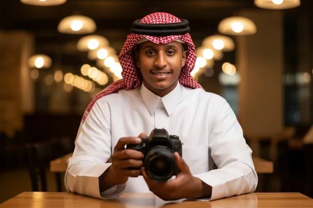 Saudi Photographer in Traditional Attire Holding DSLR Camera