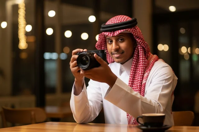 رجل سعودي بالزي التقليدي يمسك كاميرا احترافية في مقهى