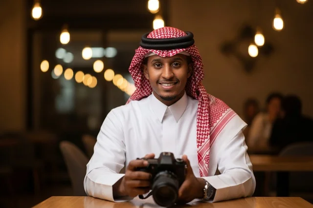 Saudi Photographer Holding DSLR Camera in Cafe