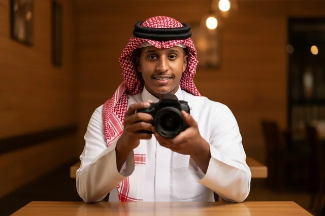 رجل سعودي بالزي التقليدي يمسك كاميرا احترافية في مقهى