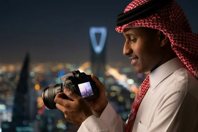 شاب مصور سعودي بالزي التقليدي في مدينة الرياض ليلا