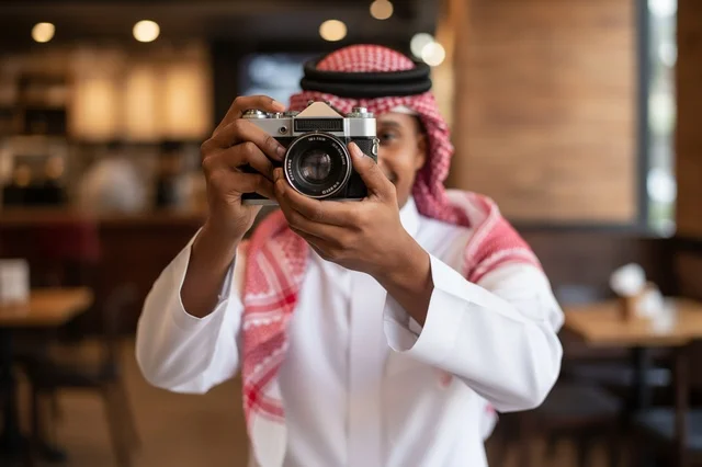 بورتريه رجل سعودي يمسك كاميرا كلاسيكية في المقهى