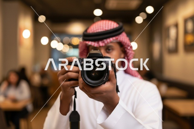 مصور سعودي بالزي التقليدي يمسك كاميرا احترافية