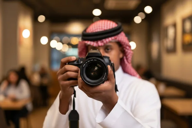 Saudi Man in Traditional Thobe Holding DSLR Camera