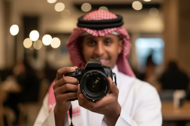 Saudi Photographer Holding DSLR Camera Indoors