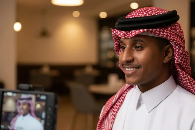 رجل سعودي مبتسم بالزي التقليدي والشماغ أمام الكاميرا