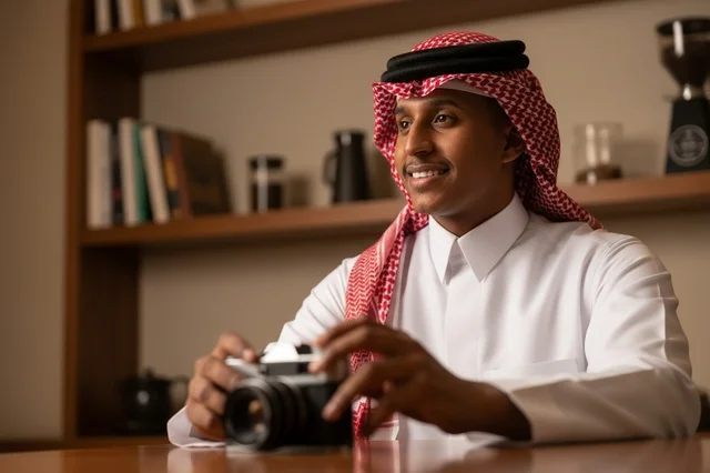 Saudi Man in Traditional Attire Holding Vintage Camera