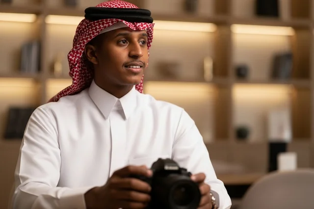 مصور سعودي يمسك كاميرا رقمية احترافية في المكتب