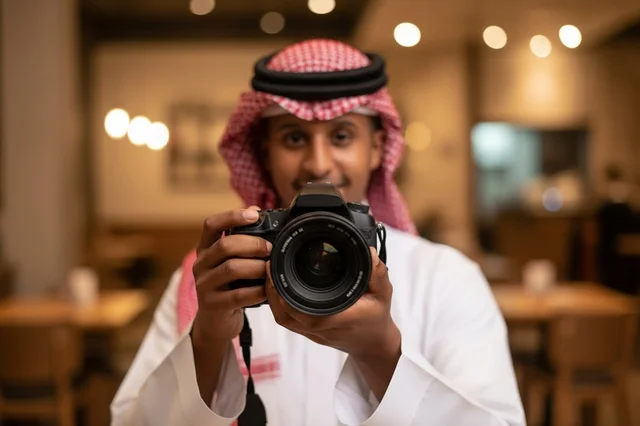 Saudi Man in Traditional Attire Holding DSLR Camera