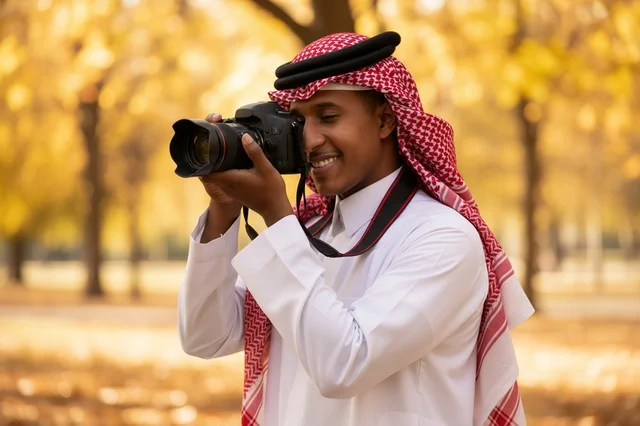 Saudi Photographer holding DSLR Camera in Autumn Park
