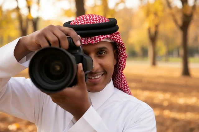 Saudi Photographer with DSLR Camera in Autumn Park