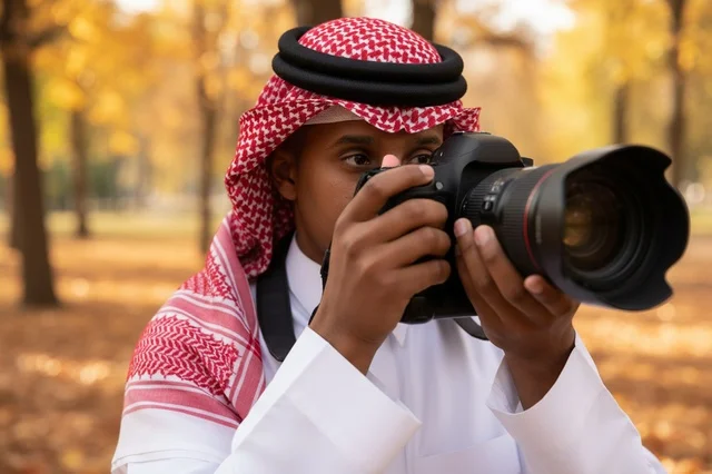 مصور سعودي يرتدي شماغ يحمل كاميرا في حديقة خريفية