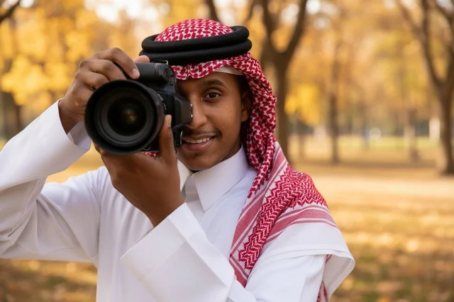 مصور سعودي يرتدي شماغ يحمل كاميرا احترافية في حديقة