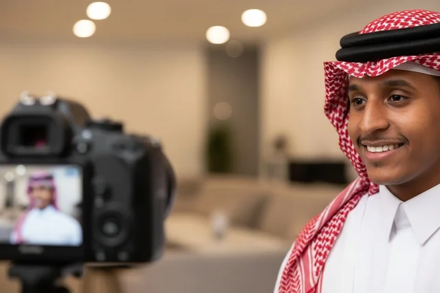 رجل سعودي باللباس التقليدي يسجل فيديو أمام الكاميرا