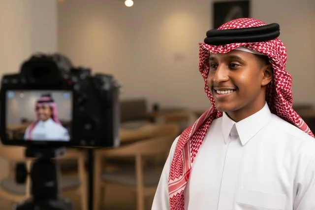 رجل سعودي بالزي التقليدي يسجل فيديو أمام الكاميرا