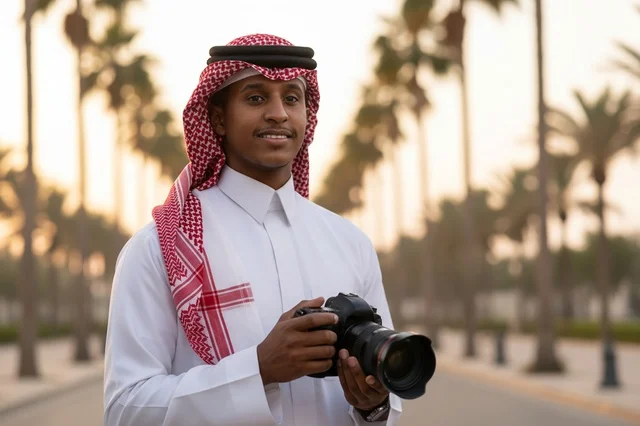مصور سعودي يرتدي الثوب التقليدي يحمل كاميرا احترافية